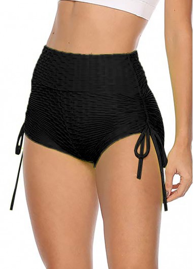 Black swimwear,Plain Color swimwear,ROTITA Drawstring Black High Waisted Swim Shorts