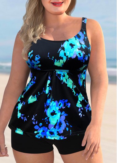 Multi Color plus size,Floral plus size,ROTITA Plus Size Printed Wide Strap Tankini Set