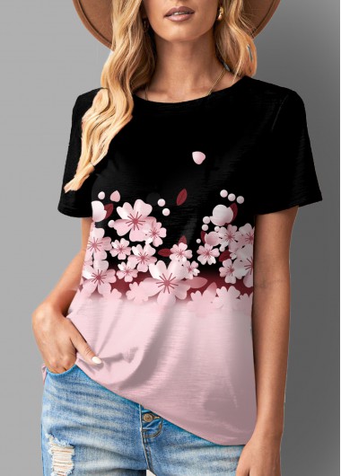 Multi Color tops,Floral tops,ROTITA Ombre Floral Print Short Sleeve T Shirt