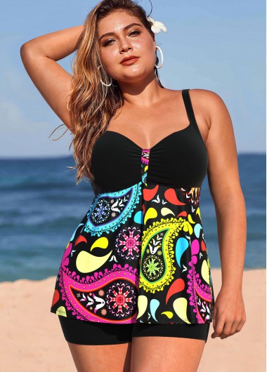 Black plus size,Paisley plus size,ROTITA Colorful Plus Size Paisley Print Tankini Set 