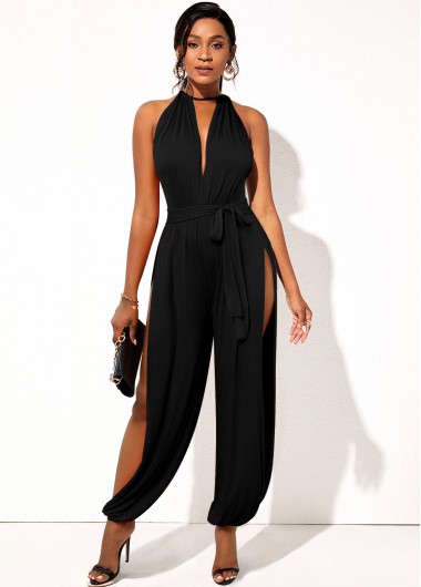Black jumpsuits & rompers,Plain Color jumpsuits & rompers,ROTITA Belted Side Slit Sleeveless Solid Jumpsuit