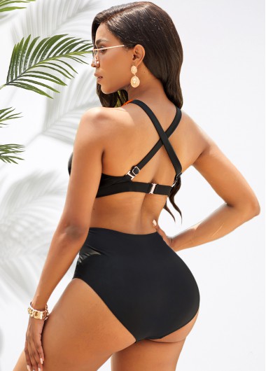 Orange swimwear,Contrast Color swimwear,ROTITA High Waisted Orange Cross Strap Bikini Set