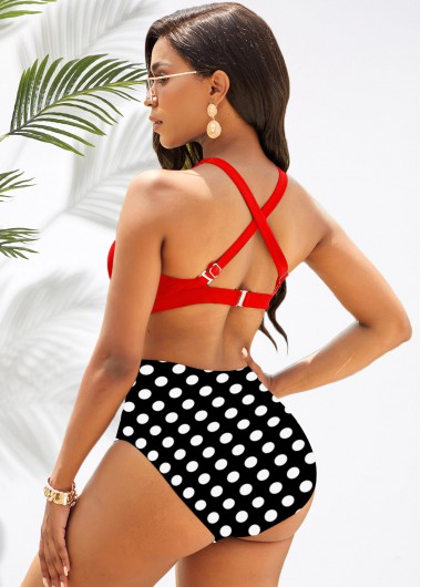 Red swimwear,Dot swimwear,ROTITA Polka Dot Cross Halter High Waist Bikini Set 