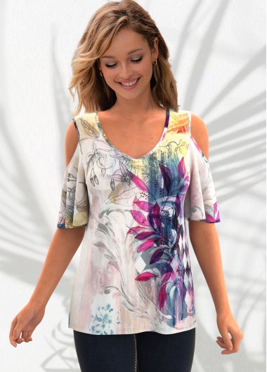 Multi Color tops,Floral tops,ROTITA V Neck Plant Print Cold Shoulder T Shirt