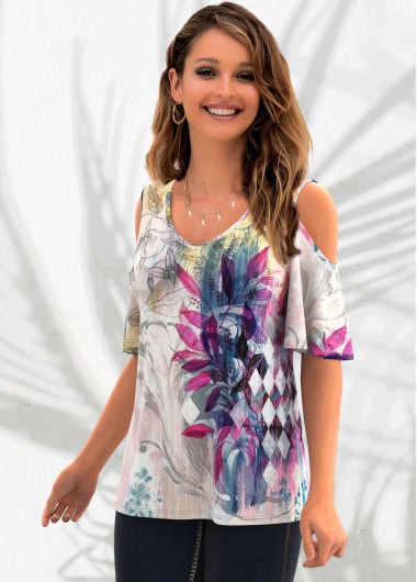Multi Color tops,Floral tops,ROTITA V Neck Plant Print Cold Shoulder T Shirt