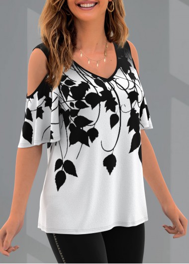 White tops,Plants tops,ROTITA Printed Cold Shoulder V Neck T Shirt