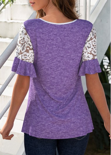 Light Purple tops,Contrast Color tops,ROTITA Lace Patchwork Round Neck Short Sleeve T Shirt