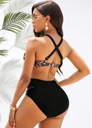 Multi Color swimwear,Leopard swimwear,ROTITA Cross Strap Contrast Leopard Bikini Set