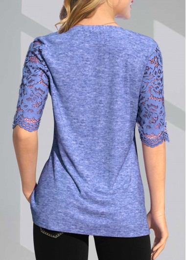 Blue tops,Plain Color tops,ROTITA Split Neck Lace Stitching Crinkle Chest T Shirt
