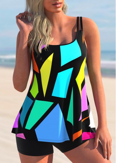 Multi Color swimwear,Rainbow Color swimwear,Geometric swimwear,ROTITA Double Straps Geometric Print Tankini Set