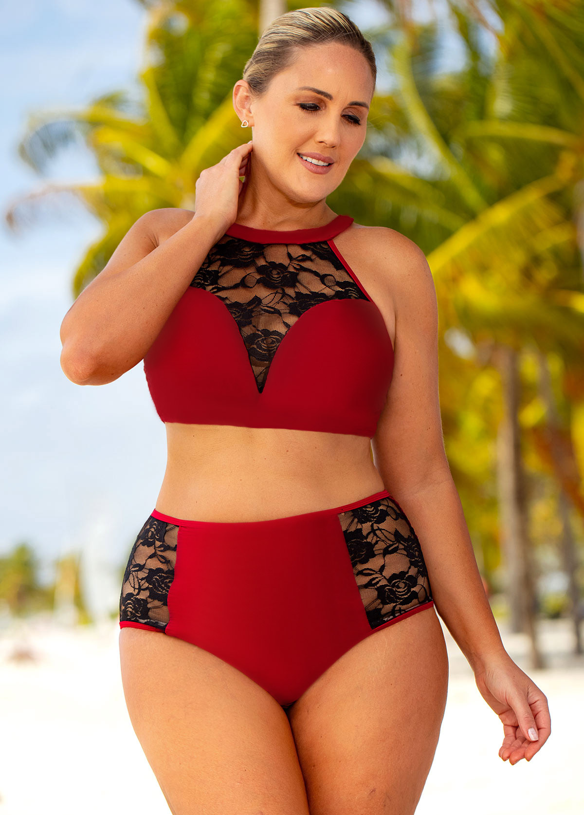 Wine Red plus size,Contrast Color plus size,ROTITA Plus Size High Waisted Lace Stitching Bikini Set