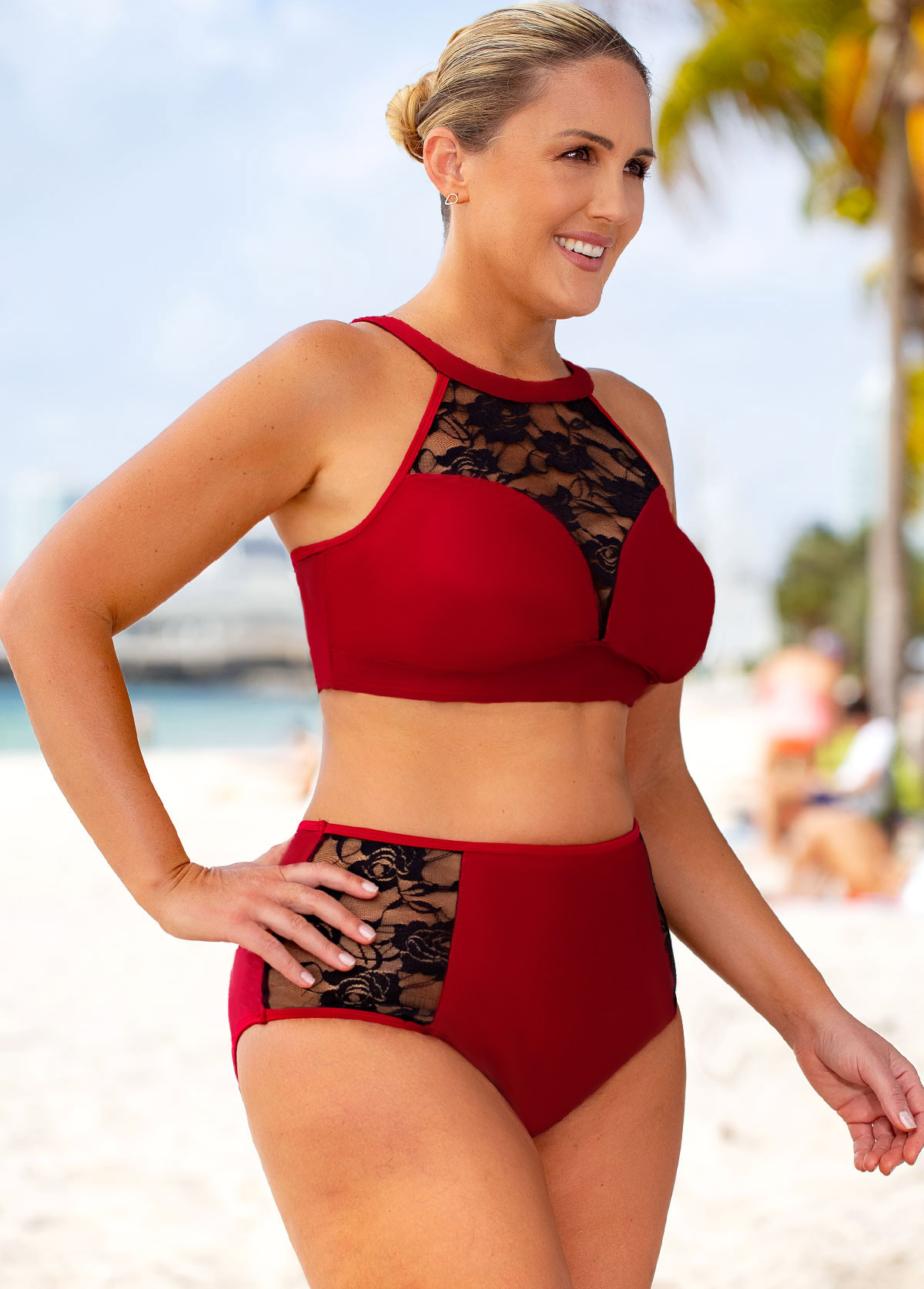 Wine Red plus size,Contrast Color plus size,ROTITA Plus Size High Waisted Lace Stitching Bikini Set