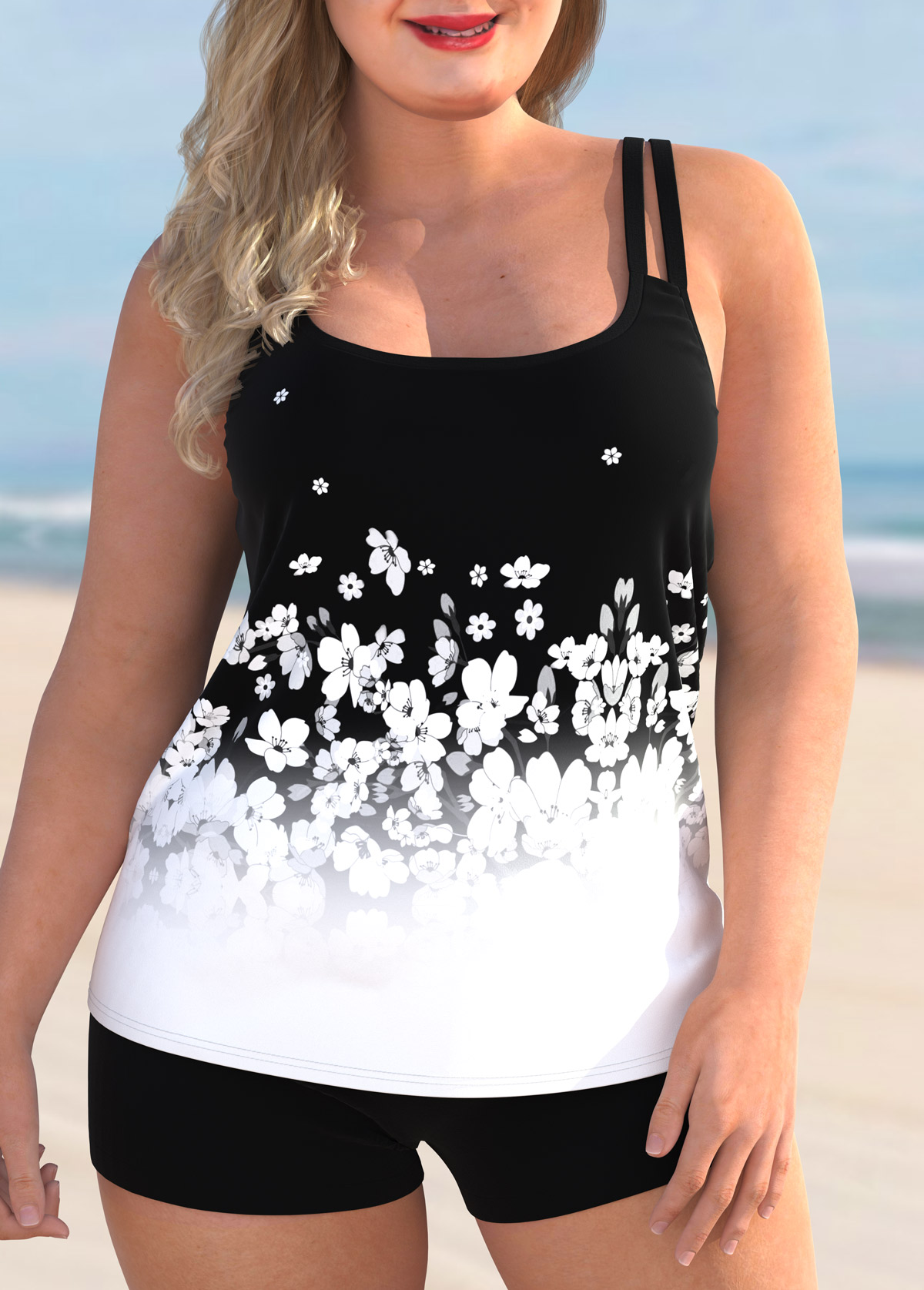 White plus size,Ditsy Floral plus size,ROTITA Plus Size Floral Print Spaghetti Strap Ombre Tankini Set