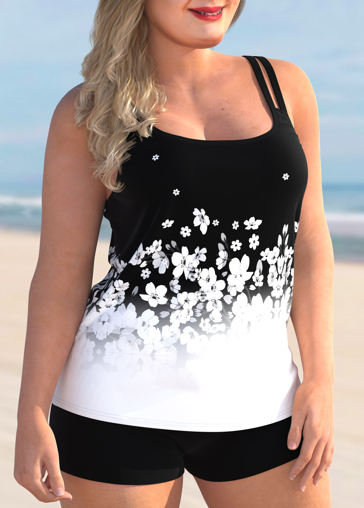 White plus size,Ditsy Floral plus size,ROTITA Plus Size Floral Print Spaghetti Strap Ombre Tankini Set