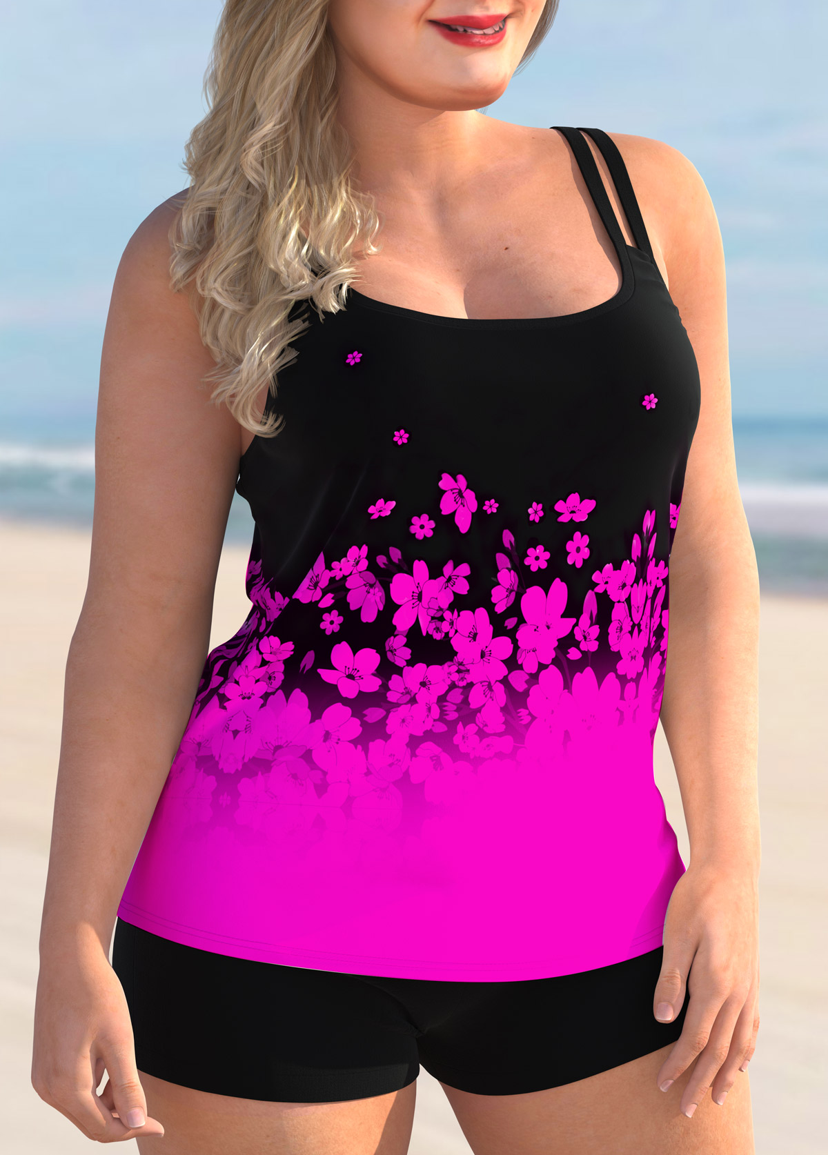Hot Pink plus size,Ditsy Floral plus size,ROTITA Plus Size Ombre Floral Print Spaghetti Strap Tankini Set
