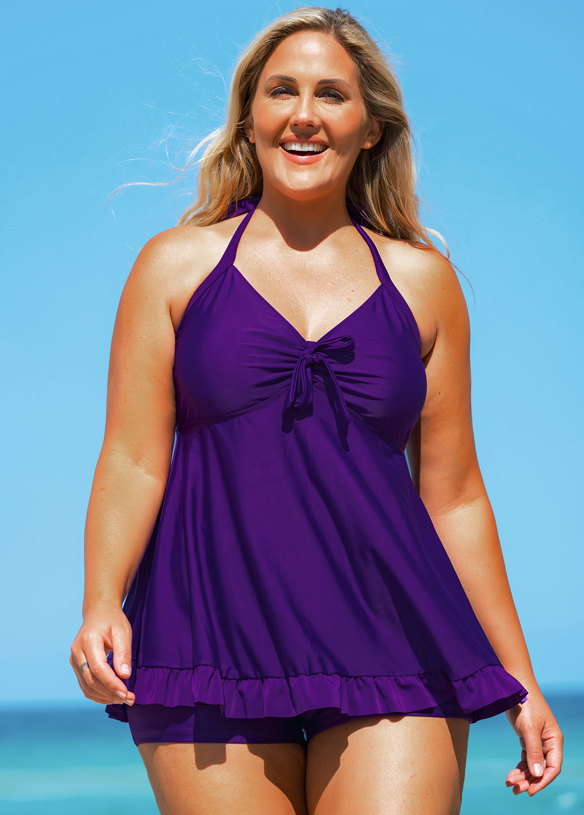 Purple plus size,Plain Color plus size,ROTITA Bowknot Plus Size Tie Back Swimdress and Shorts