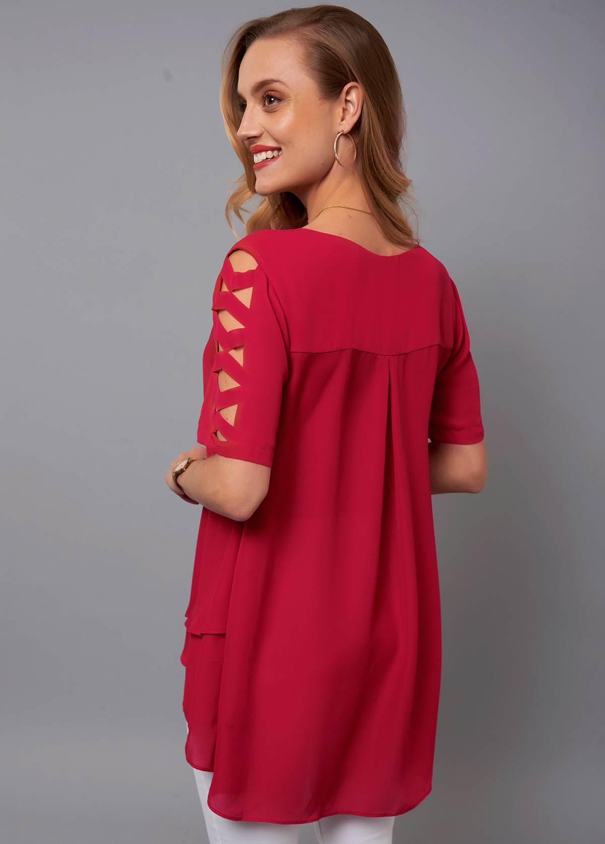 Red tops,Plain Color tops,ROTITA V Neck Cutout Sleeve Asymmetric Hem Blouse