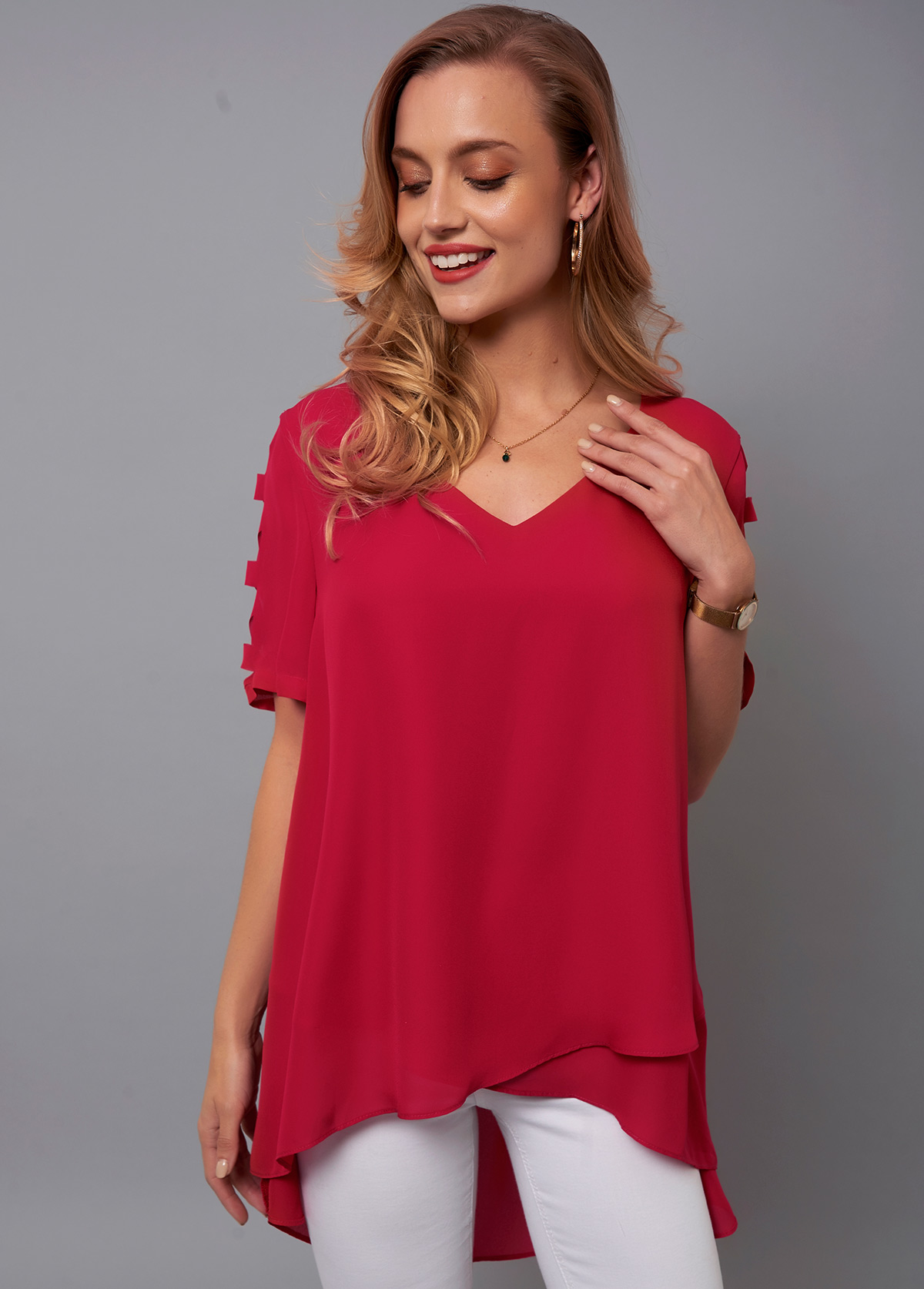Red tops,Plain Color tops,ROTITA V Neck Cutout Sleeve Asymmetric Hem Blouse