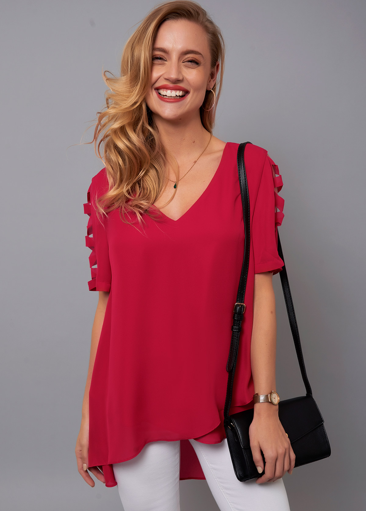 Red tops,Plain Color tops,ROTITA V Neck Cutout Sleeve Asymmetric Hem Blouse