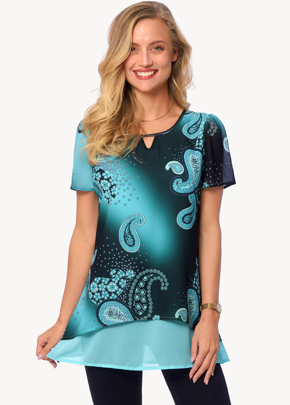 Multi Color tops,Paisley tops,ROTITA Layered Paisley Print Short Sleeve Blouse