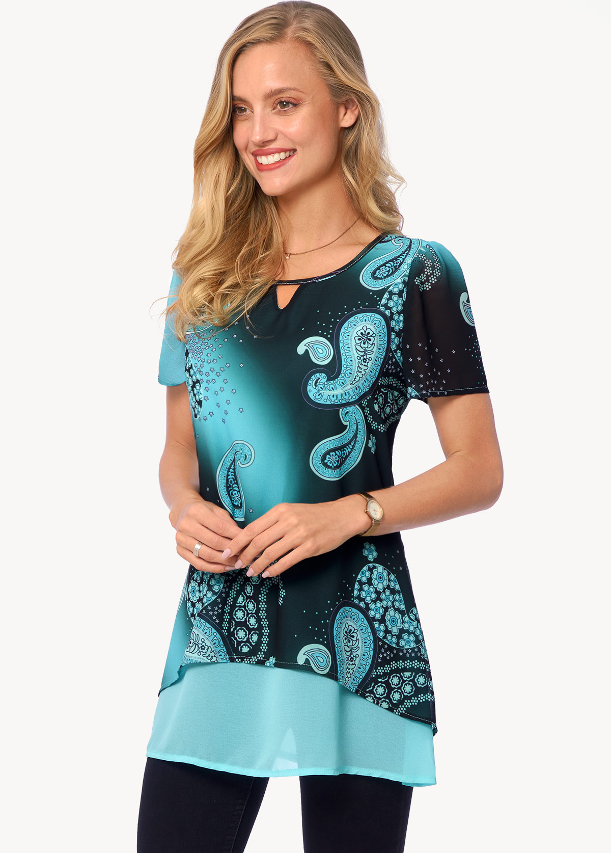 Multi Color tops,Paisley tops,ROTITA Layered Paisley Print Short Sleeve Blouse