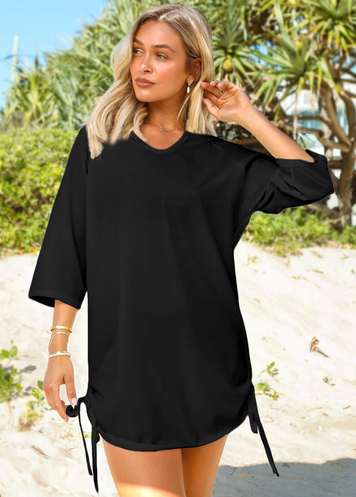 Black swimwear,Plain Color swimwear,Split Neck Solid Drawstring Side Cover Up