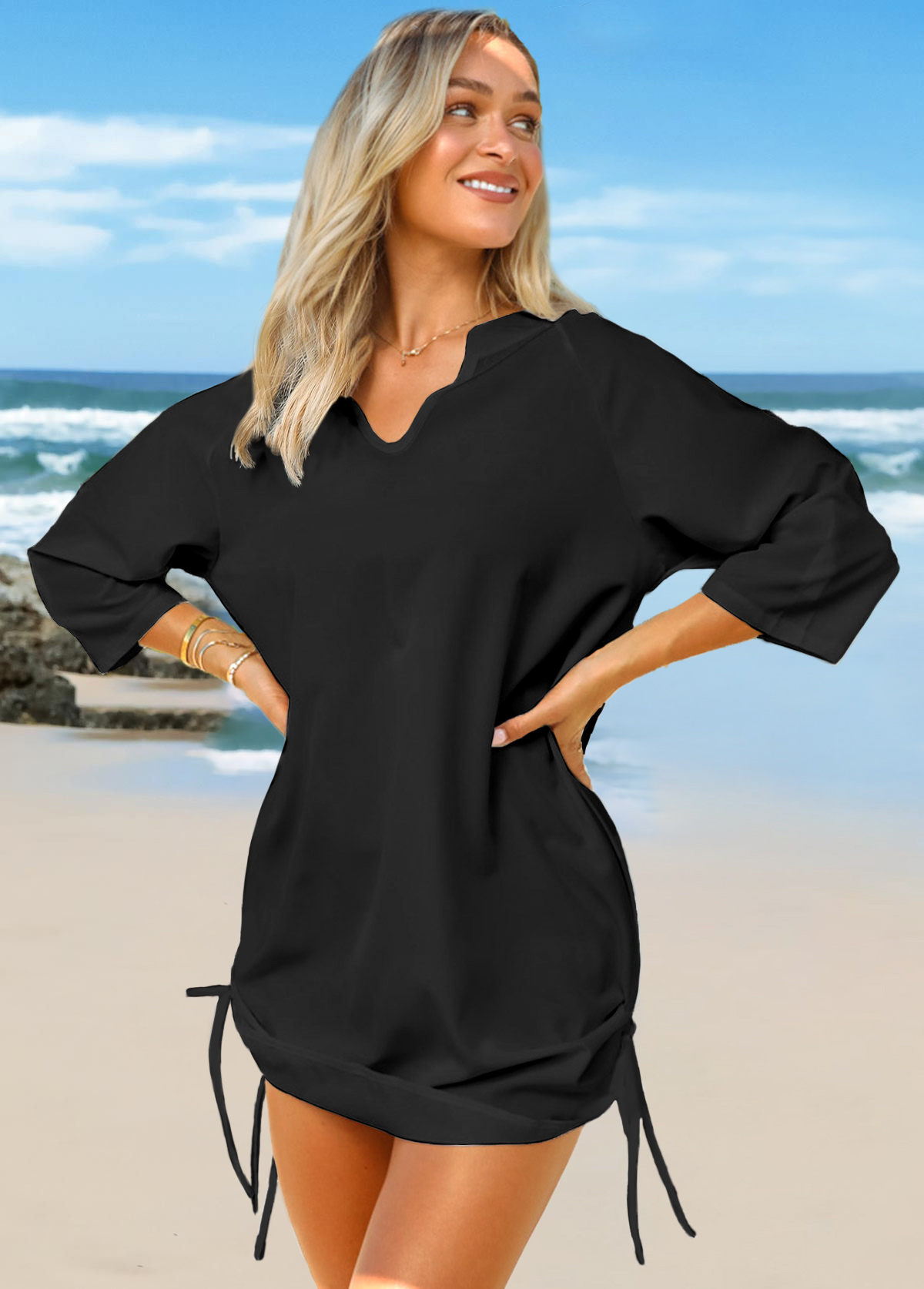 Black swimwear,Plain Color swimwear,Split Neck Solid Drawstring Side Cover Up