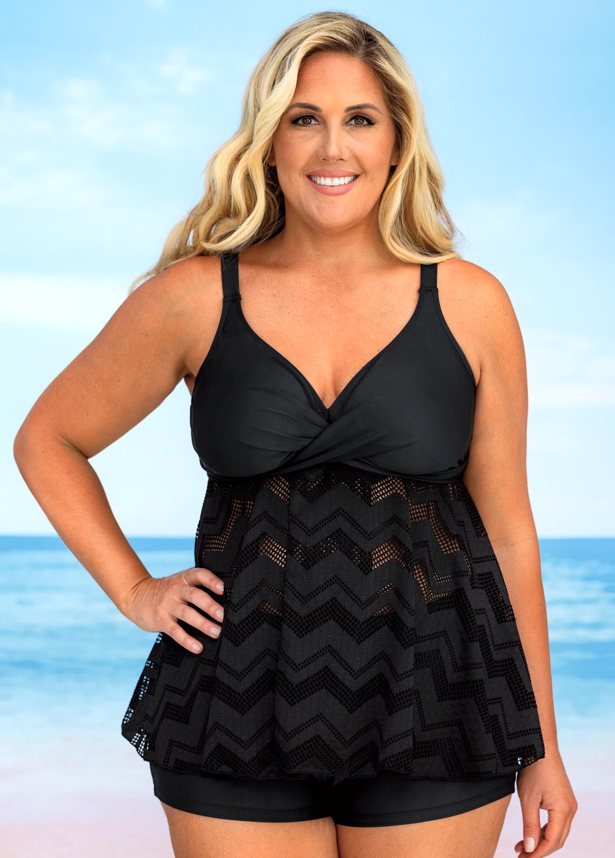 Black plus size,Plain Color plus size,ROTITA Plus Size Lace Stitching Solid Tankini Set 