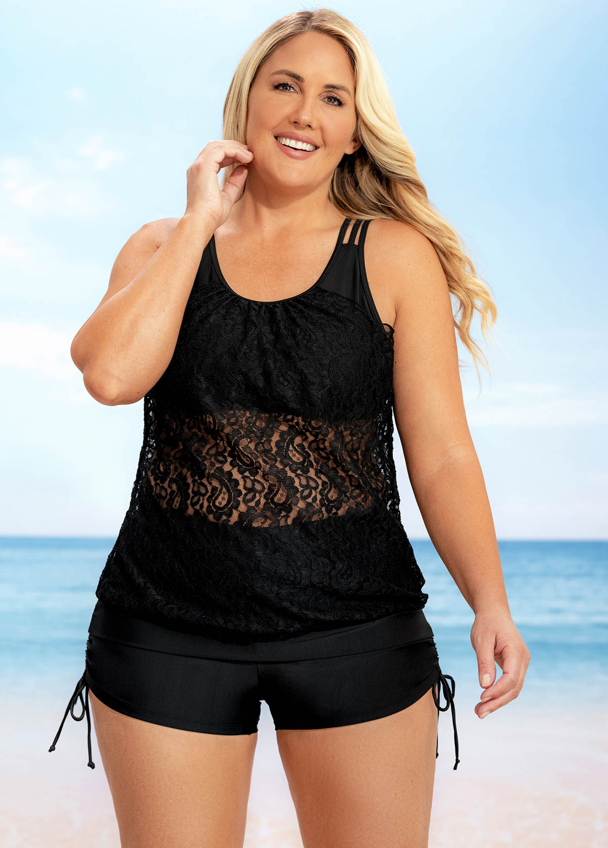 ROTITA Plus Size Lace Patchwork Solid Tankini Set