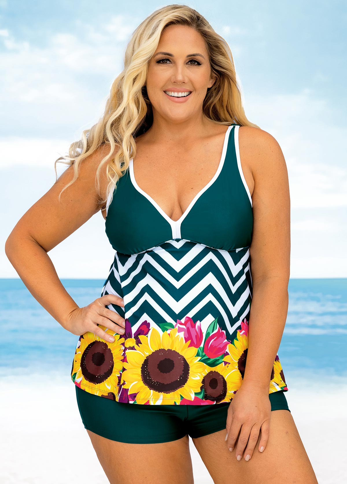 Green plus size,Floral plus size,ROTITA Floral and Chevron Print Plus Size Wide Strap Tankini Set 