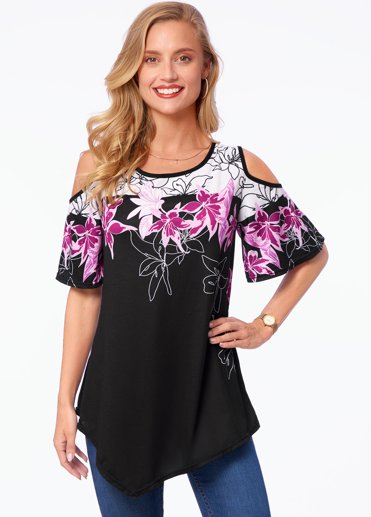 ROTITA Asymmetric Hem Floral Print Cold Shoulder T Shirt