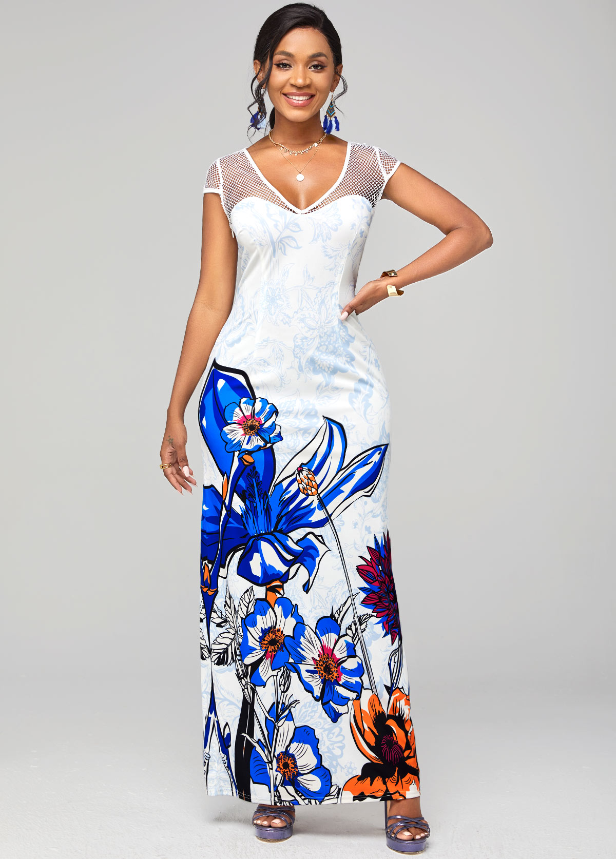 Multi Color dresses,Floral dresses,ROTITA Floral Print Fishnet Panel Short Sleeve Dress 