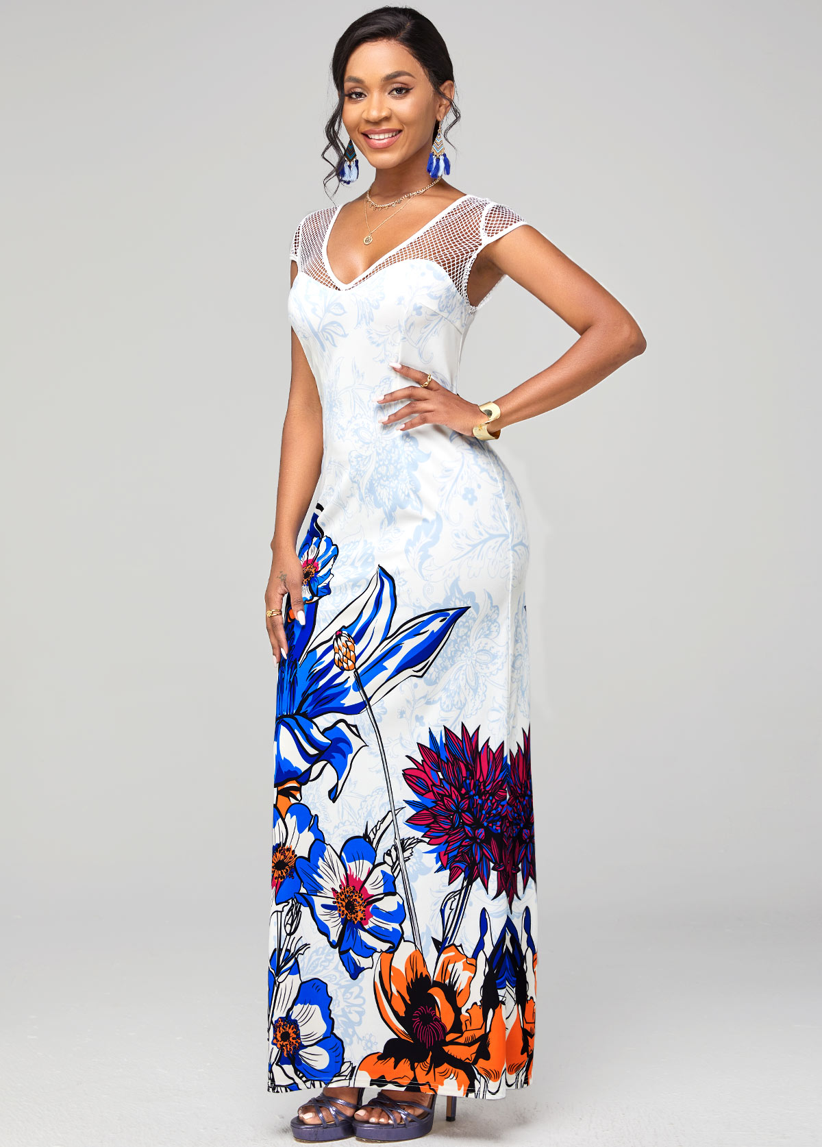 Multi Color dresses,Floral dresses,ROTITA Floral Print Fishnet Panel Short Sleeve Dress 