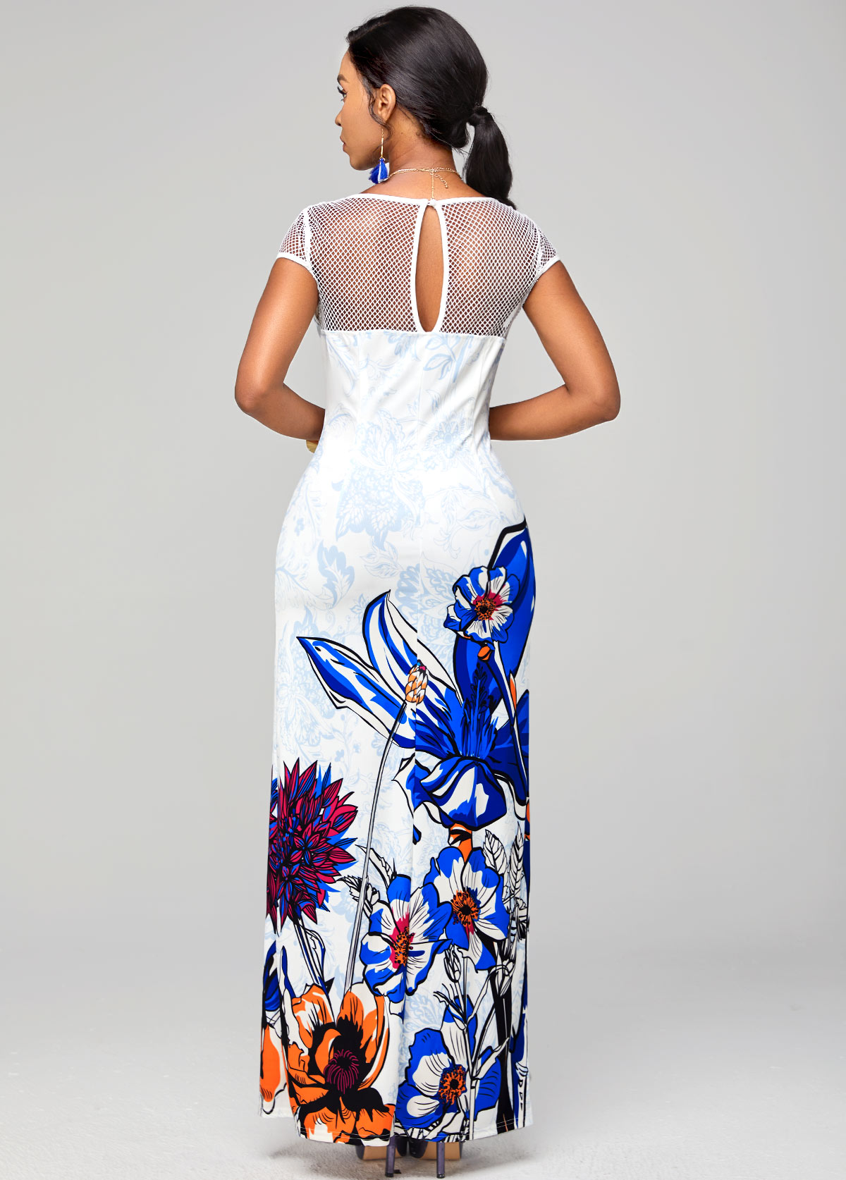 Multi Color dresses,Floral dresses,ROTITA Floral Print Fishnet Panel Short Sleeve Dress 