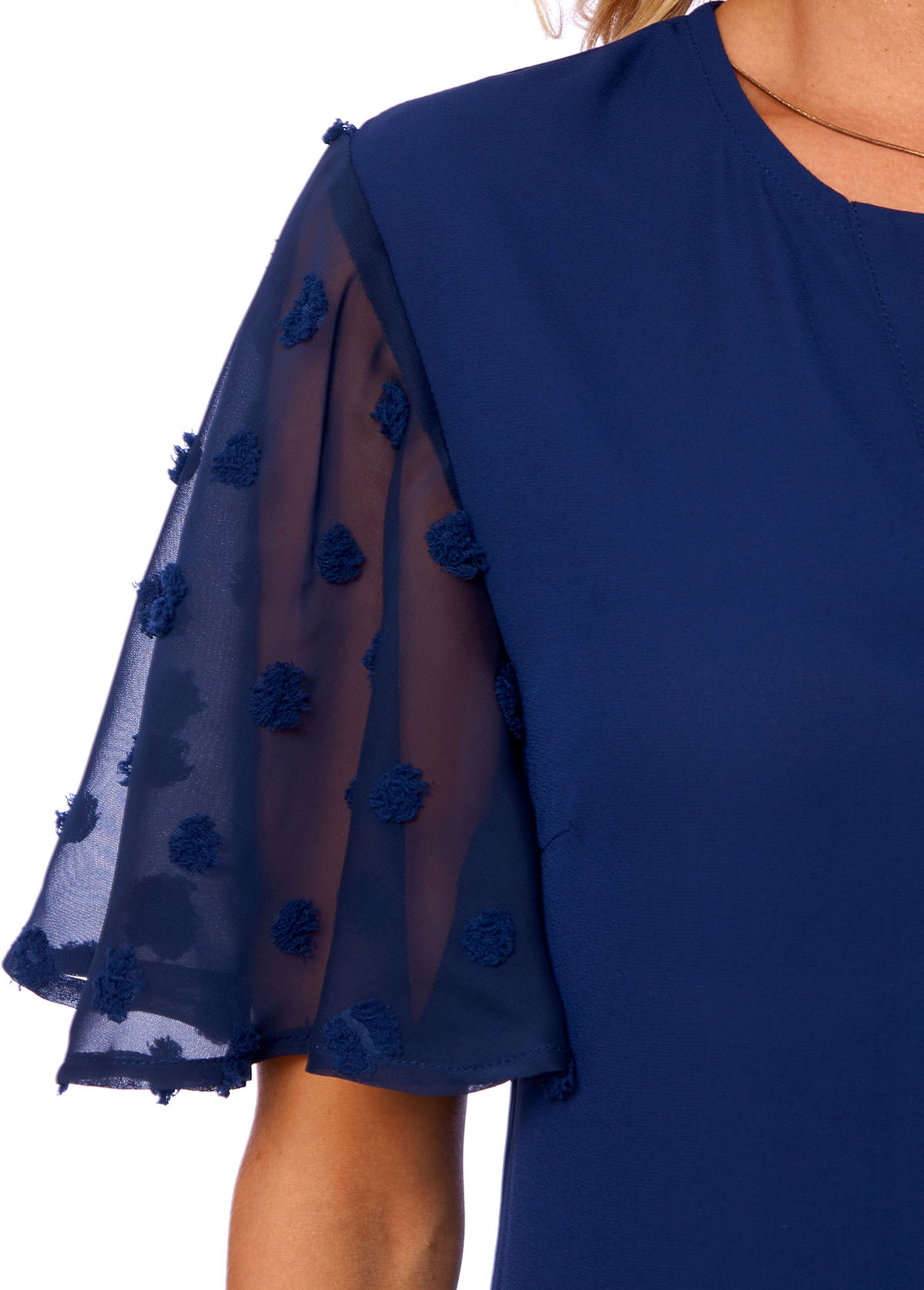 Navy tops,Dot tops,ROTITA Split Neck Chiffon Polka Dot Blouse