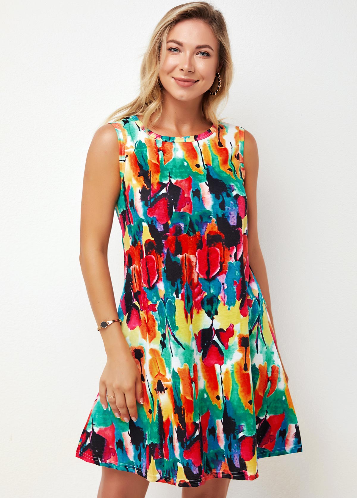 ROTITA Printed Round Neck Multi Color A Line Dress