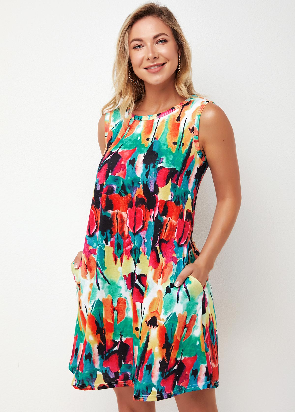 Multi Color dresses,Floral dresses,ROTITA Printed Round Neck Multi Color A Line Dress