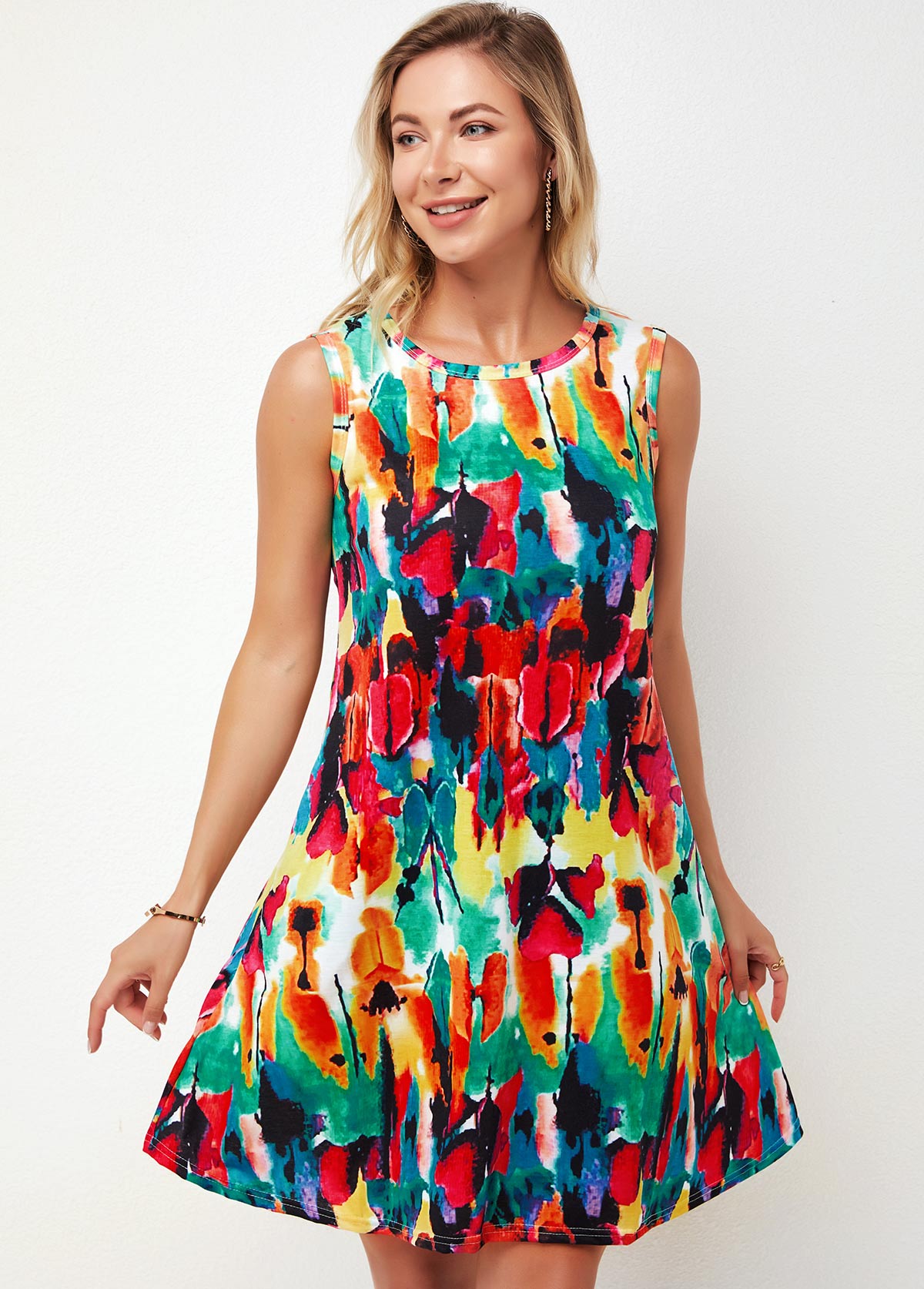 Multi Color dresses,Floral dresses,ROTITA Printed Round Neck Multi Color A Line Dress