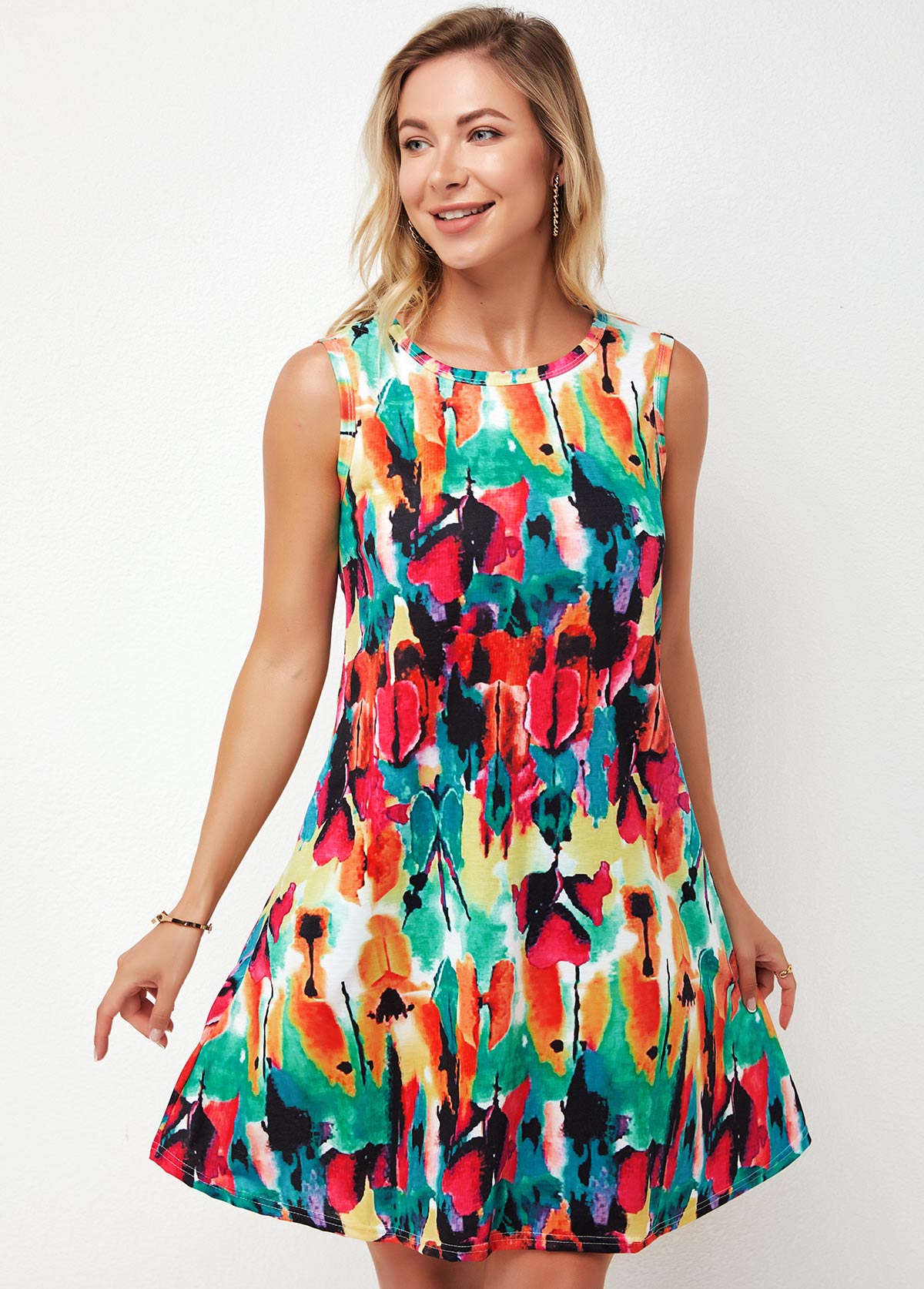 Multi Color dresses,Floral dresses,ROTITA Printed Round Neck Multi Color A Line Dress