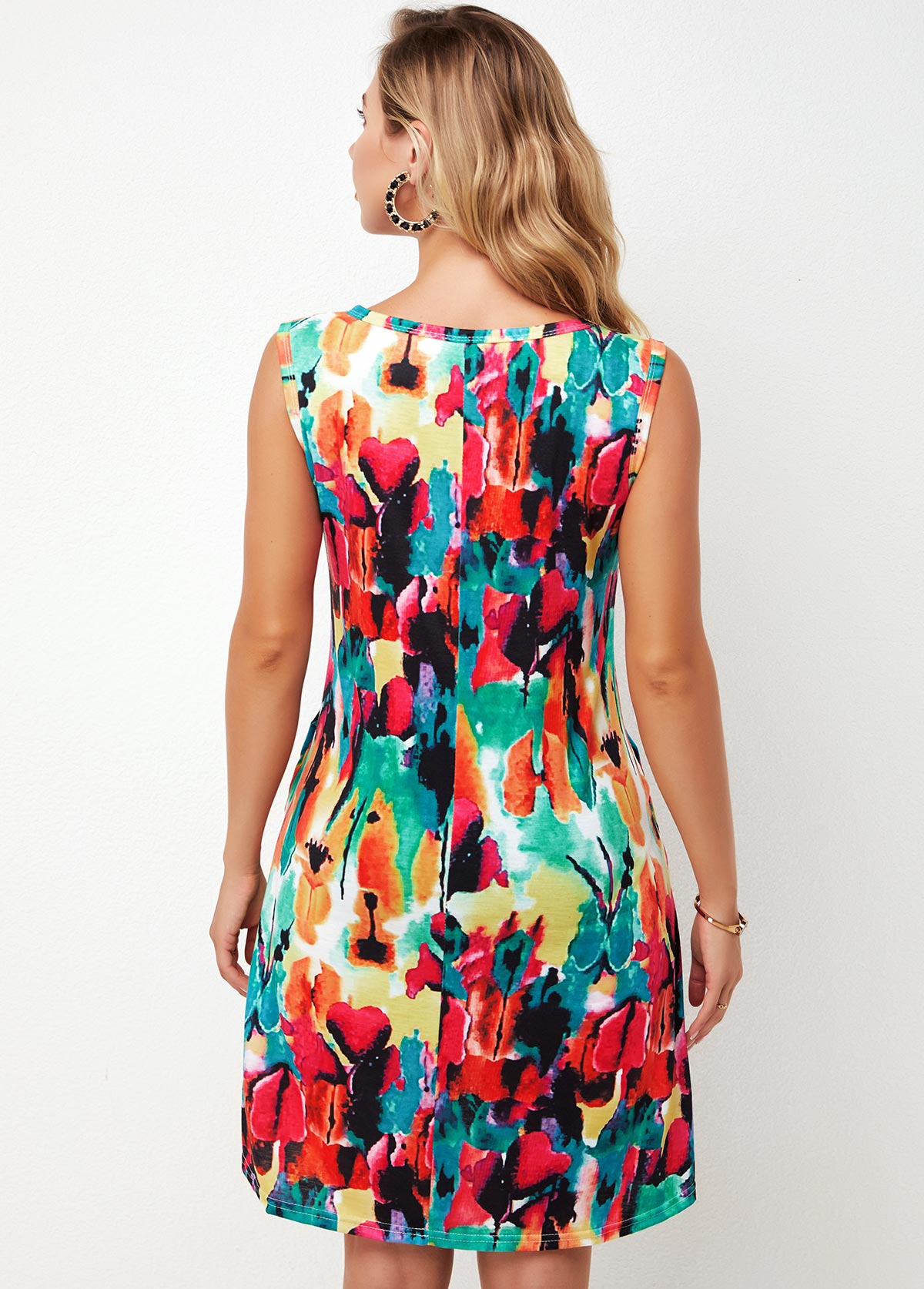 Multi Color dresses,Floral dresses,ROTITA Printed Round Neck Multi Color A Line Dress