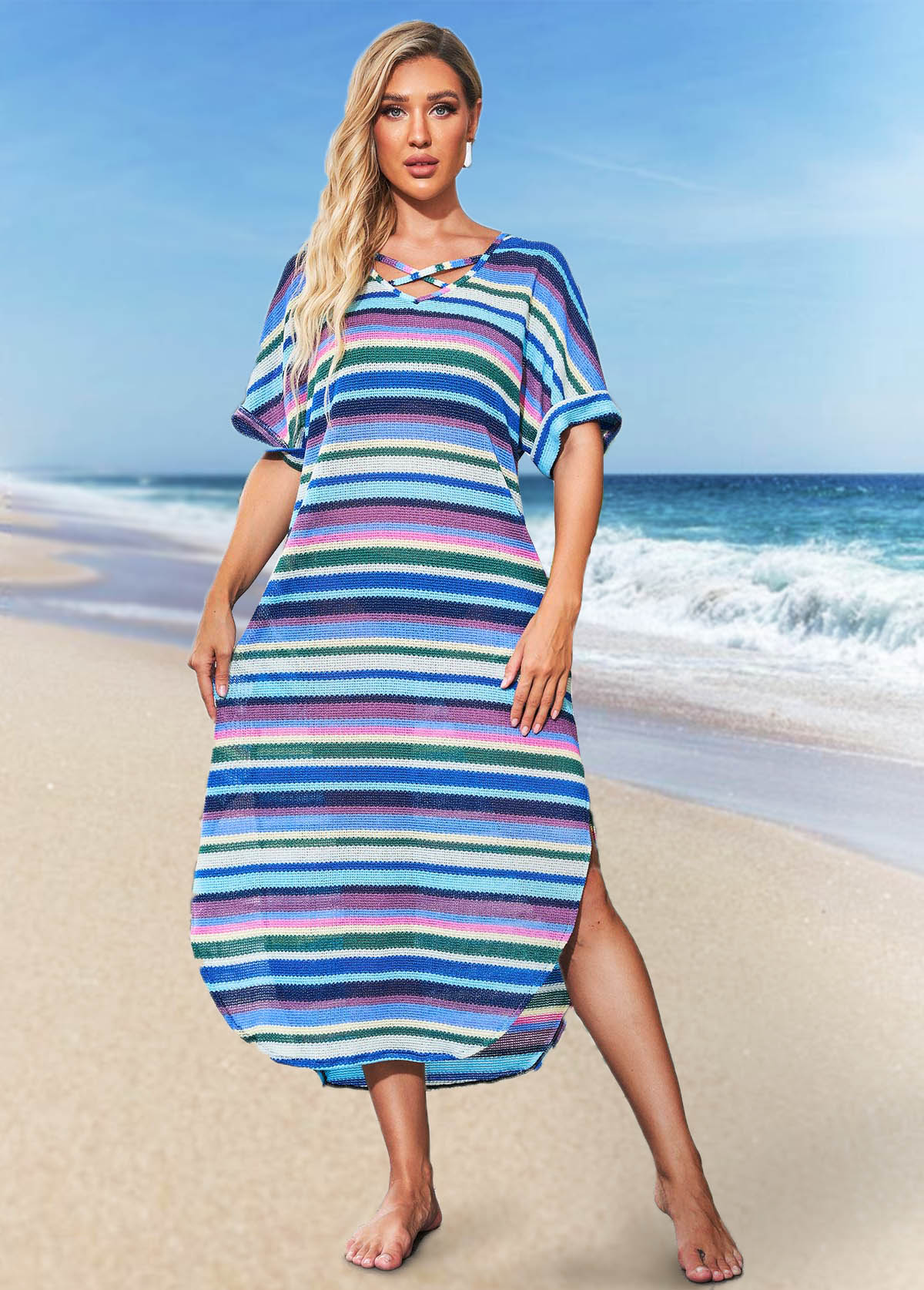 Multi Color swimwear,Striped swimwear,ROTITA Striped Mesh Cross Strap Cover Up