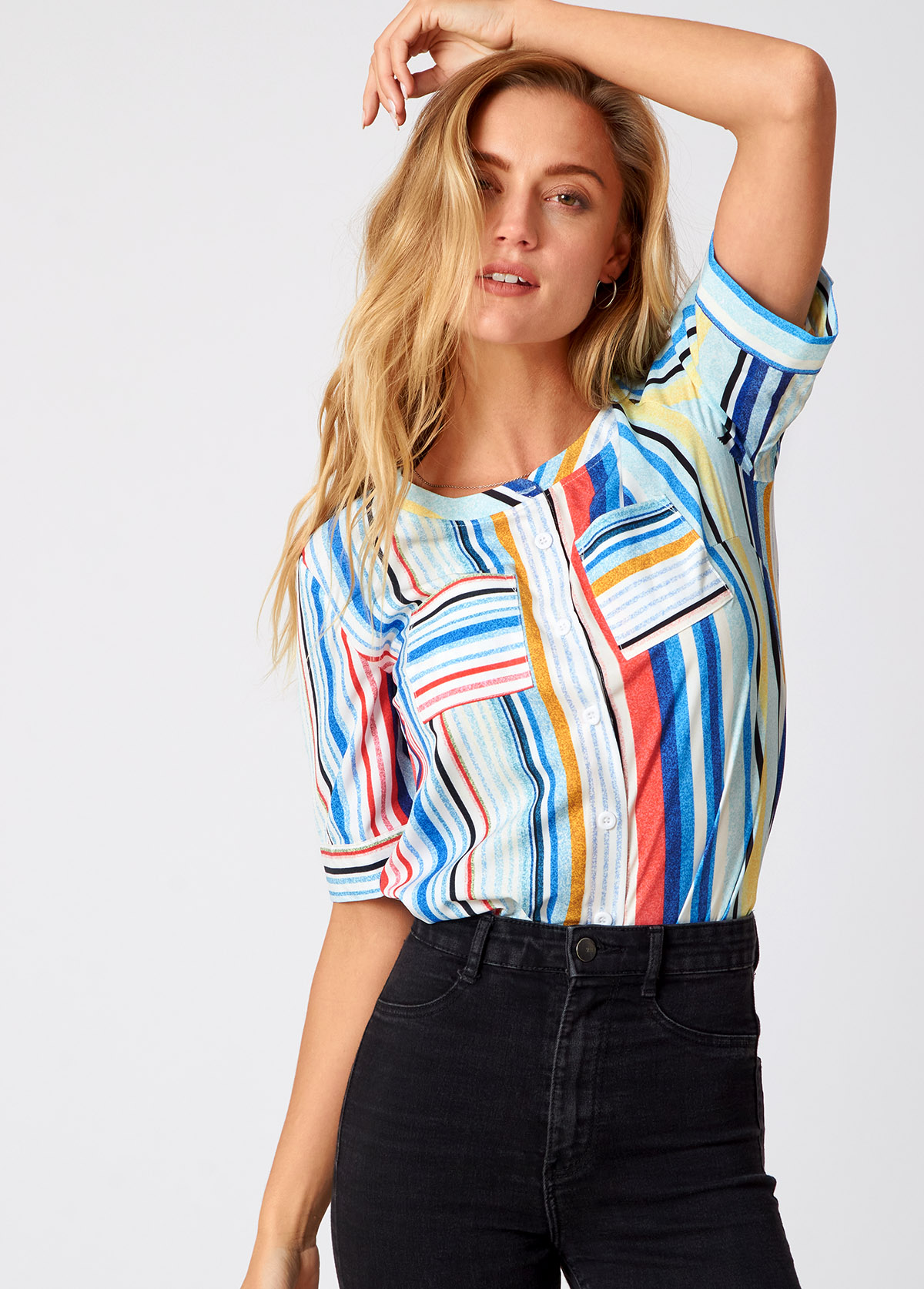 Multi Color tops,Striped tops,ROTITA Double Pocket Rainbow Stripe Round Neck Blouse