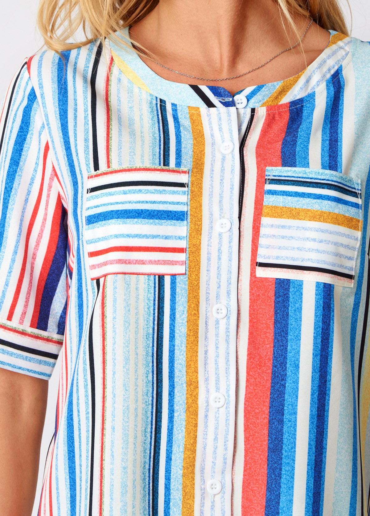 Multi Color tops,Striped tops,ROTITA Double Pocket Rainbow Stripe Round Neck Blouse