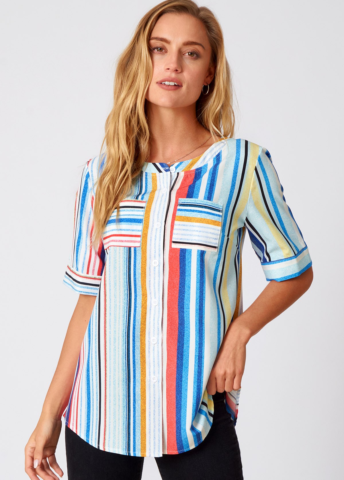 Multi Color tops,Striped tops,ROTITA Double Pocket Rainbow Stripe Round Neck Blouse