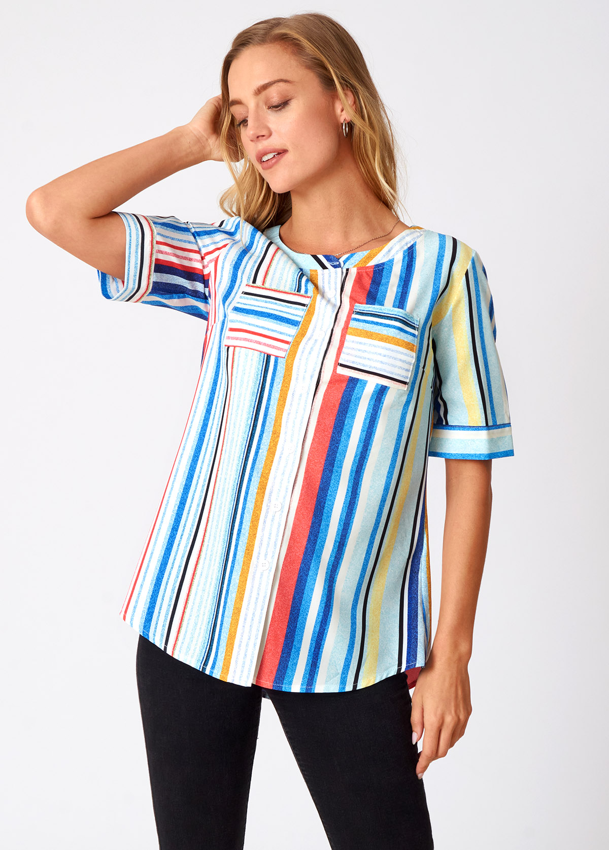 Multi Color tops,Striped tops,ROTITA Double Pocket Rainbow Stripe Round Neck Blouse