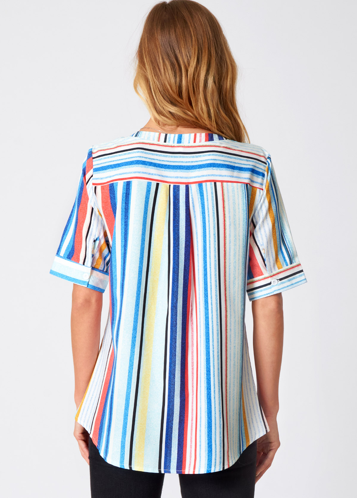 Multi Color tops,Striped tops,ROTITA Double Pocket Rainbow Stripe Round Neck Blouse