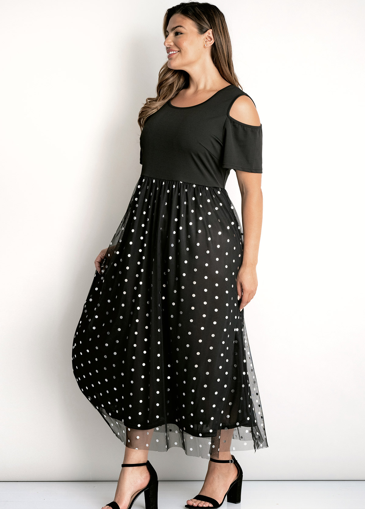 Black plus size,Dot plus size,ROTITA Mesh Stitching Plus Size Sequin Dress