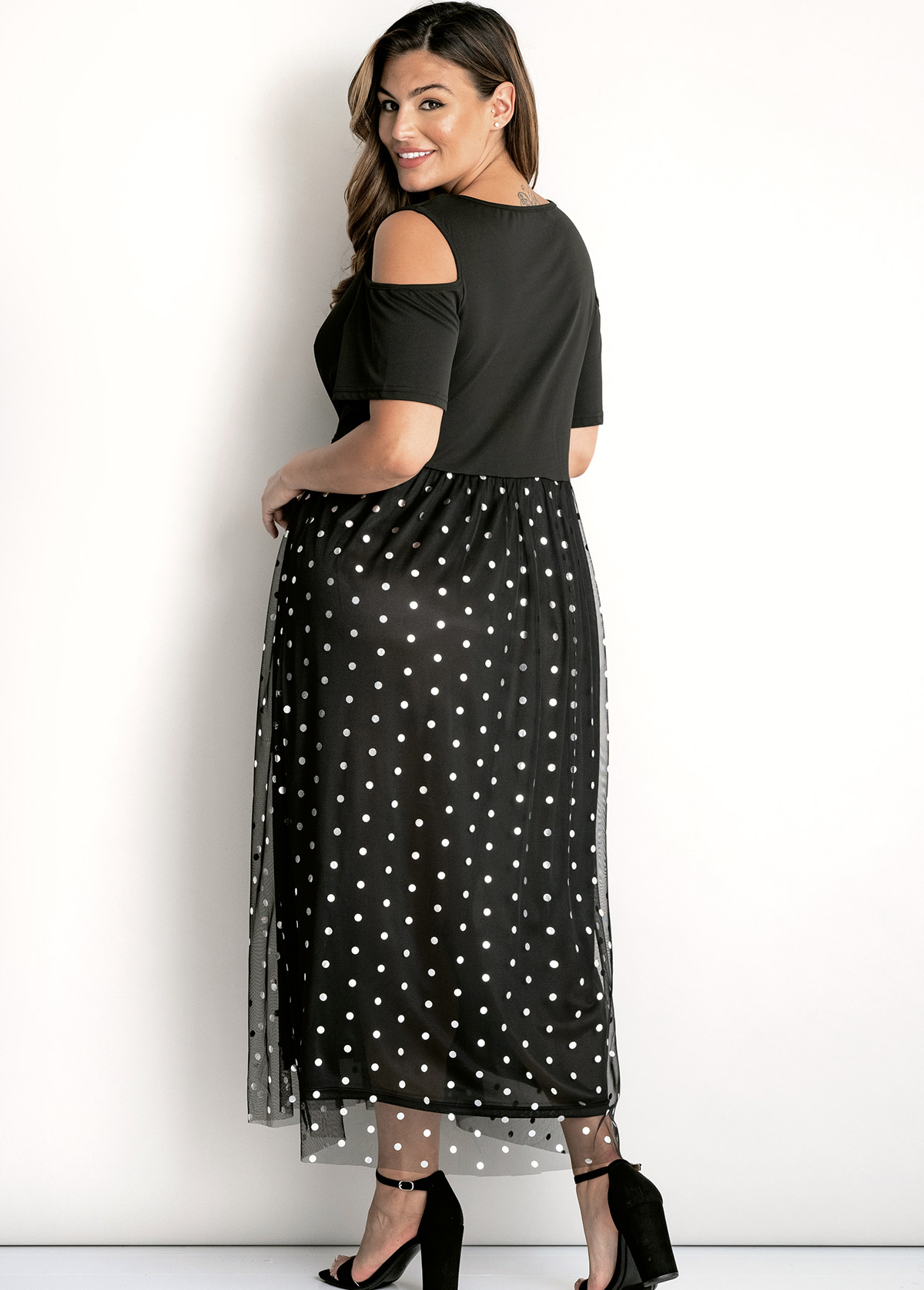 Black plus size,Dot plus size,ROTITA Mesh Stitching Plus Size Sequin Dress