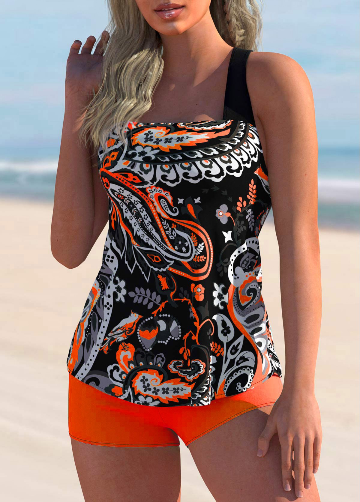 Orange plus size,Paisley plus size,ROTITA Spaghetti Strap Plus Size Paisley Print Tankini Set 