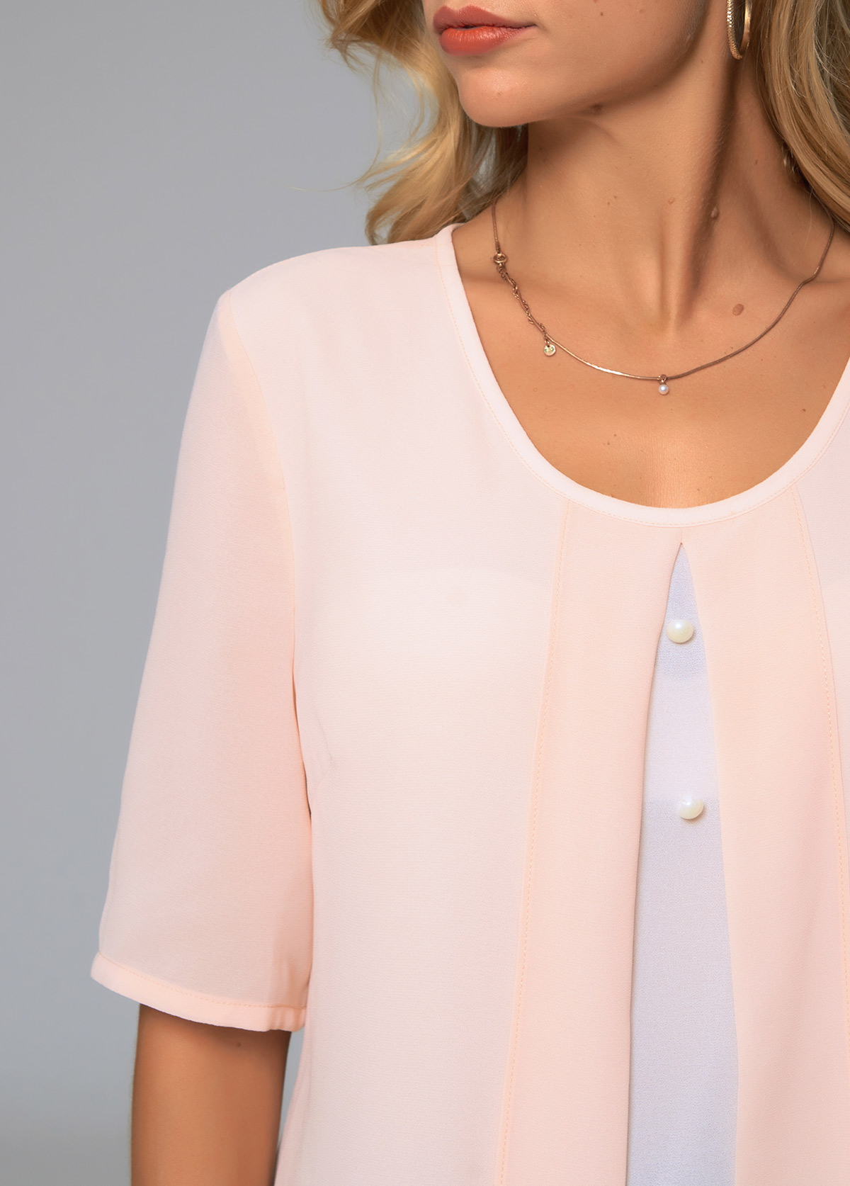 Pink tops,Contrast Color tops,ROTITA Decorative Button Layered Round Neck Blouse